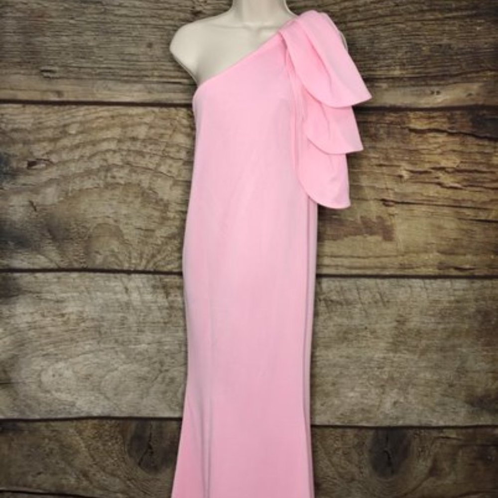 OrderPlus Med Pink One Ruffle Shoulder Maxi Dress